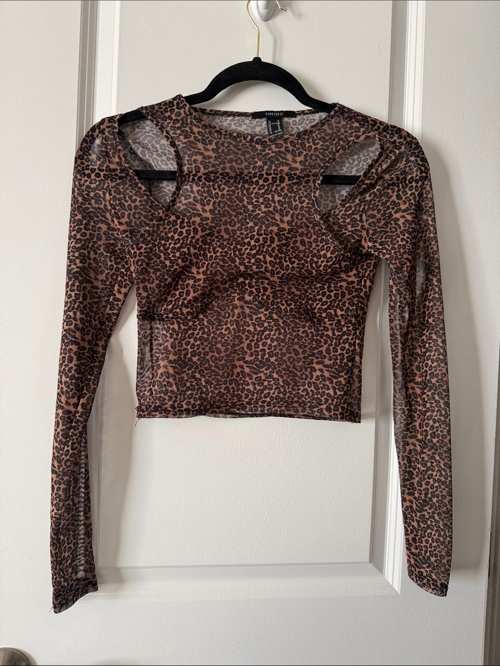 Forever 21 Leopard Mesh Long-Sleeve Crop Top - Brown/Black